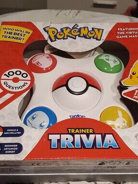 Pokemon Trainer Trivia Button Game with Red Blue Green Yellow Accents